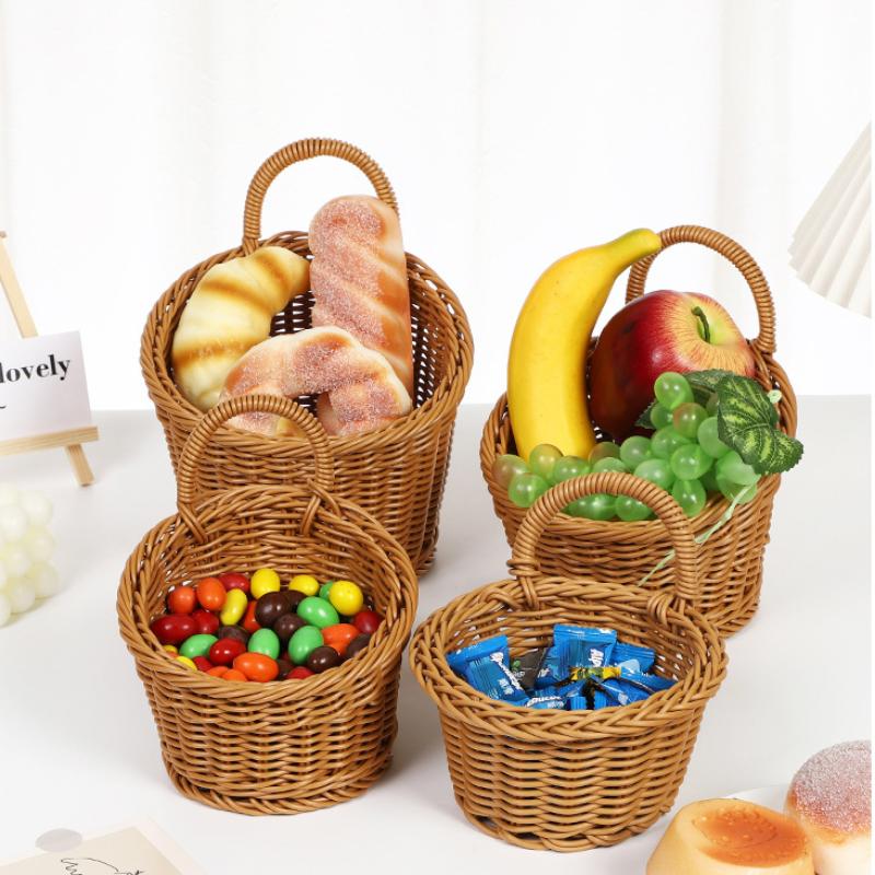 Imitation Rattan Kitchen Storage Basket Brown With Handle Hand-Woven Hanging Baskets Vegetable Fruit Flower Sundries Organizer
