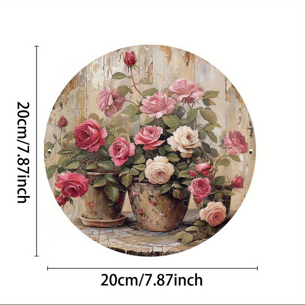 1 Piece 2D Wooden Hanging Sign Potted Rose Theme 8 Inch Round Sign Home Bar Garage Cafe Garden Decoration