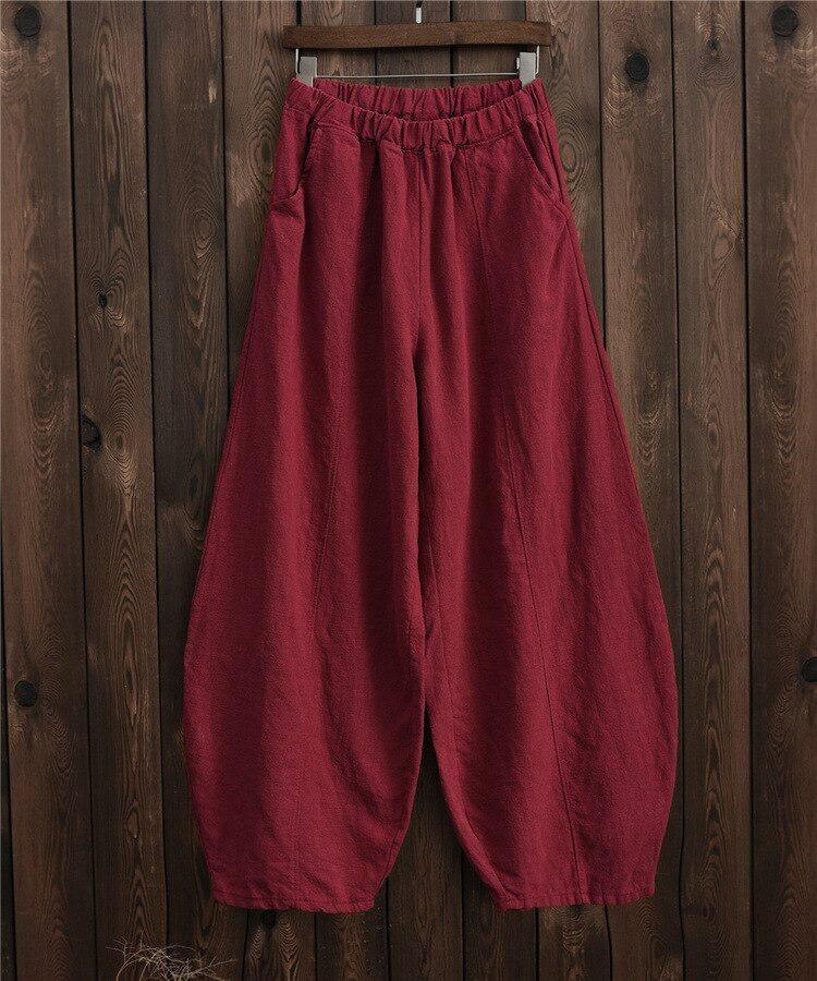 Pantaloni Larghi Vintage da Donna Cotone Lino Vita Elastica Tasche Casual Colore Unico Autunno Johnature