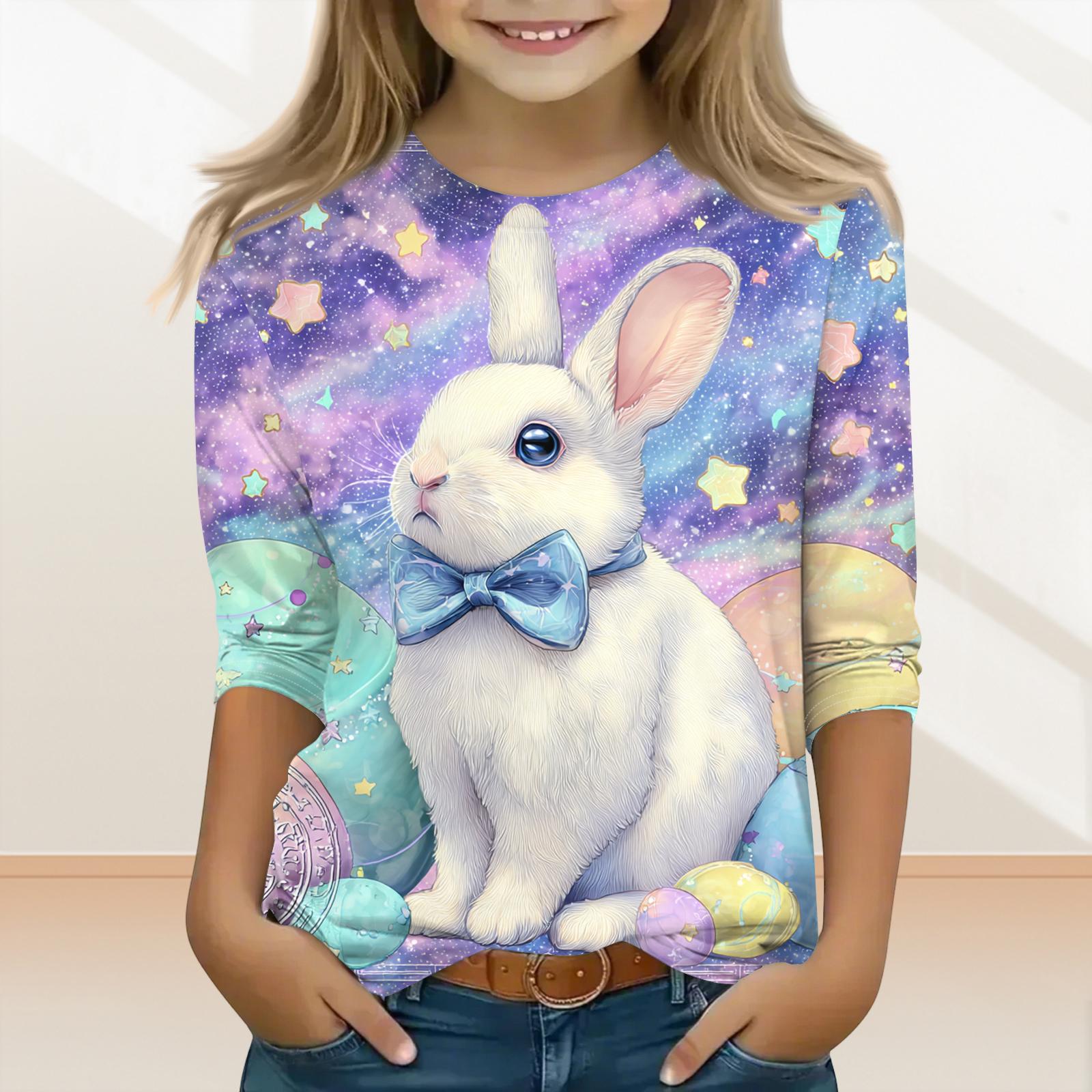 

Children s Three-quarter Sleeve Round Neck Top With Easter Print, Casual Everyday Top 120
