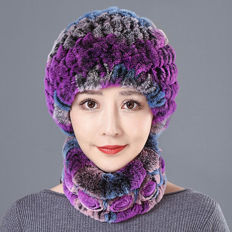 Hat Female Autumn Winter Trendy Versatile Rex Rabbit Hair Cycling Warm Ear Protection Fur Hat Scarf Set