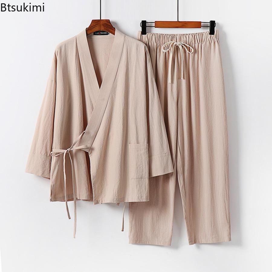 Men's Summer Cotton Linen Two Pieces Chinese Style Lace Up Kimono Tops+Pants Casual Suit Male Vintage Hanfu Tang Suit M-9XL