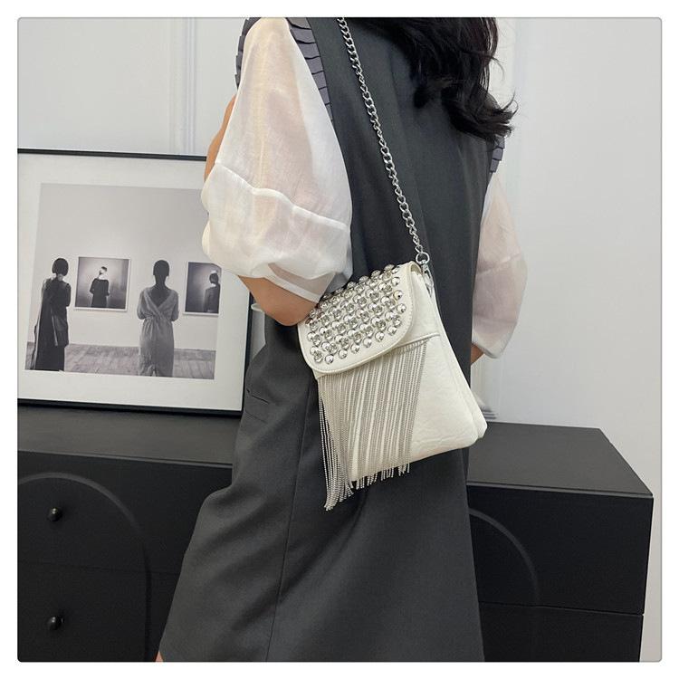 

Luxury Bilng Mini Chain Crossbody Bag for Women Dinner Tassels Handbag Designer Ladies Shoulder Bag Silver Leather Clutch Purse белый