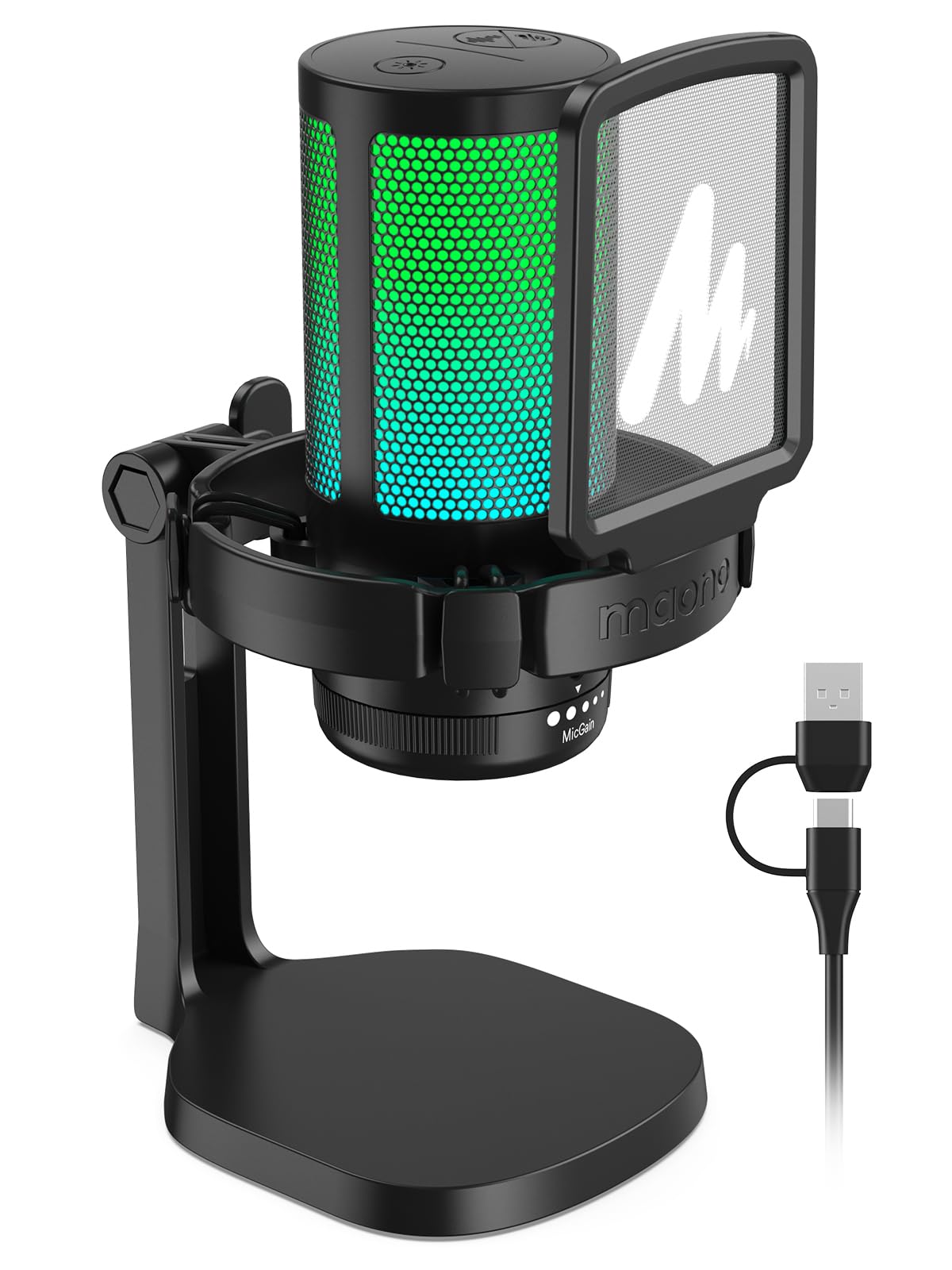 

MAONO USB Конденсаторный Игровой Микрофон, Микрофон для ПК, Шумоподавление, RGB Подсветка, Кнопка Отключения Звука, Регулятор Громкости, Однонаправленный, Подключи и Играй,