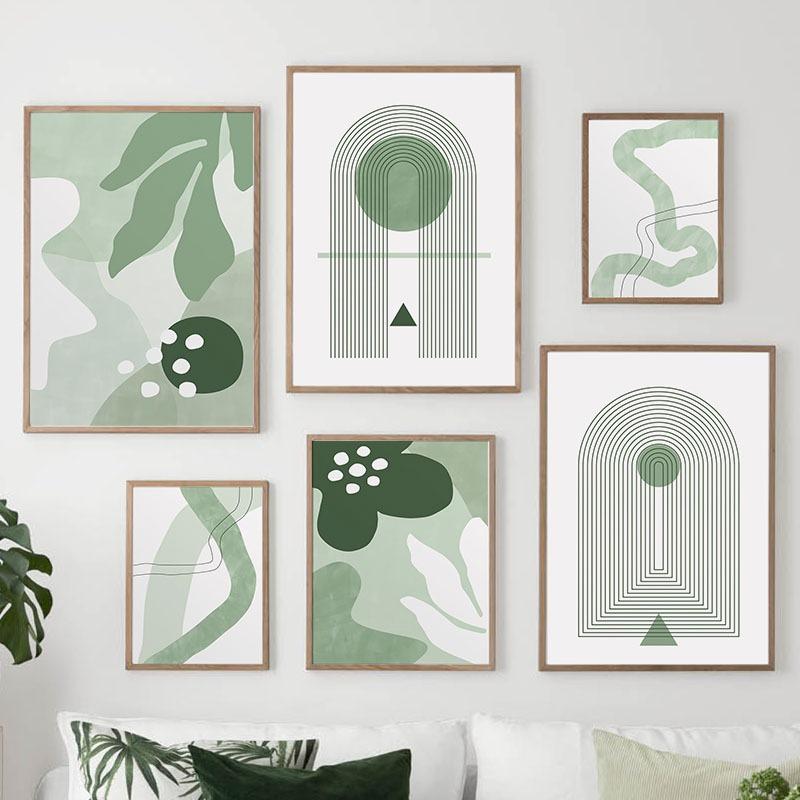 Boho Green Sun Lines Rainbow Leaves Geometry Abstract Posters Prints Wall Art Canvas Painting Pictures For Living Room Bar Decor