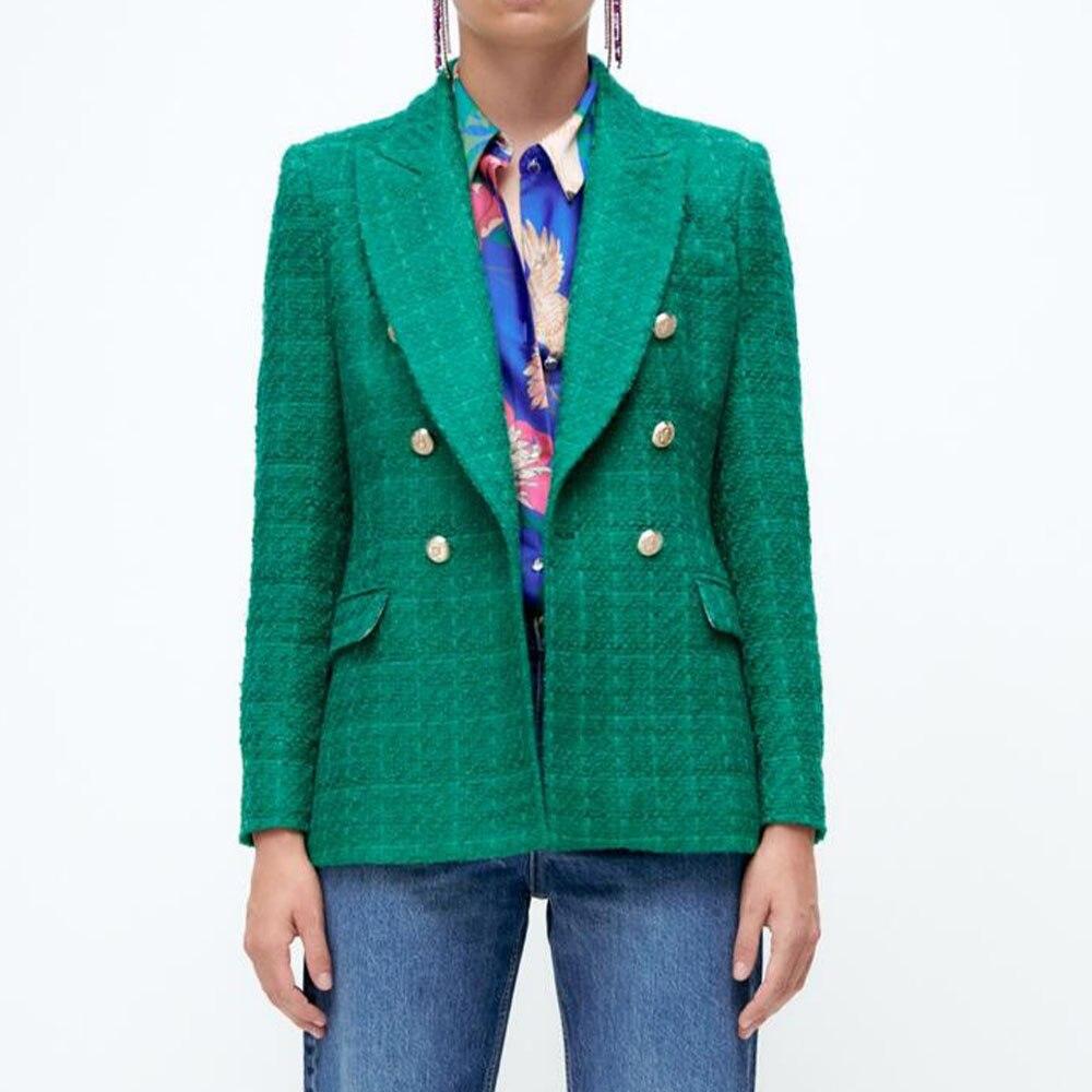 Women Jacket Autumn Fashion Double Breasted Tweed Check Blazer Coat Vintage Long Sleeve Pockets Female Outerwear