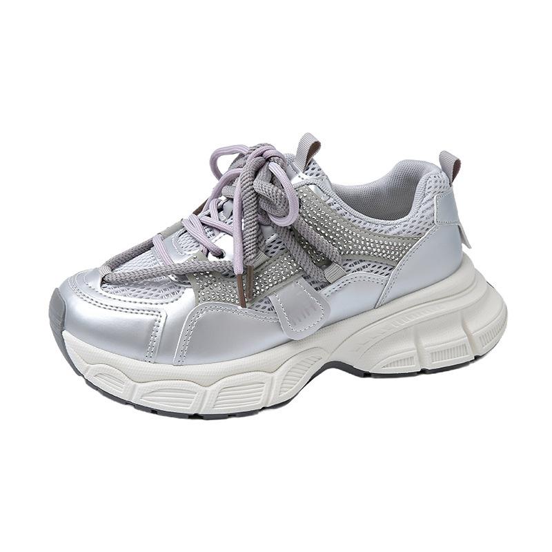 

Mesh breathable thick-soled dad shoes women s versatile 2025 new summer show small feet, increase height, light leisure sports 40 серебряный