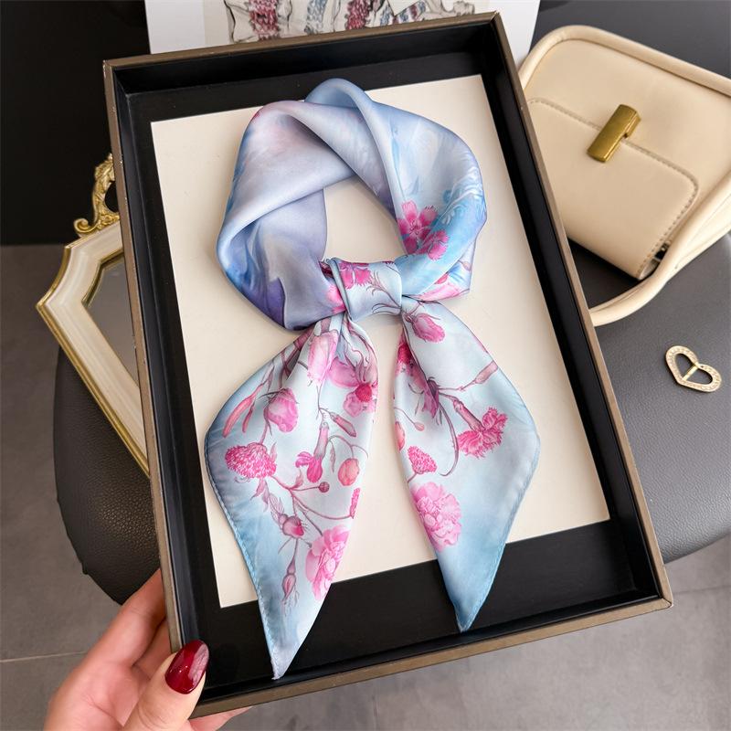 Spring Summer Fashion Luxury 70Cm Square Women Silk Scarf Flower Print Designer Scarves Shawl Bandana Hijab Neckerchief