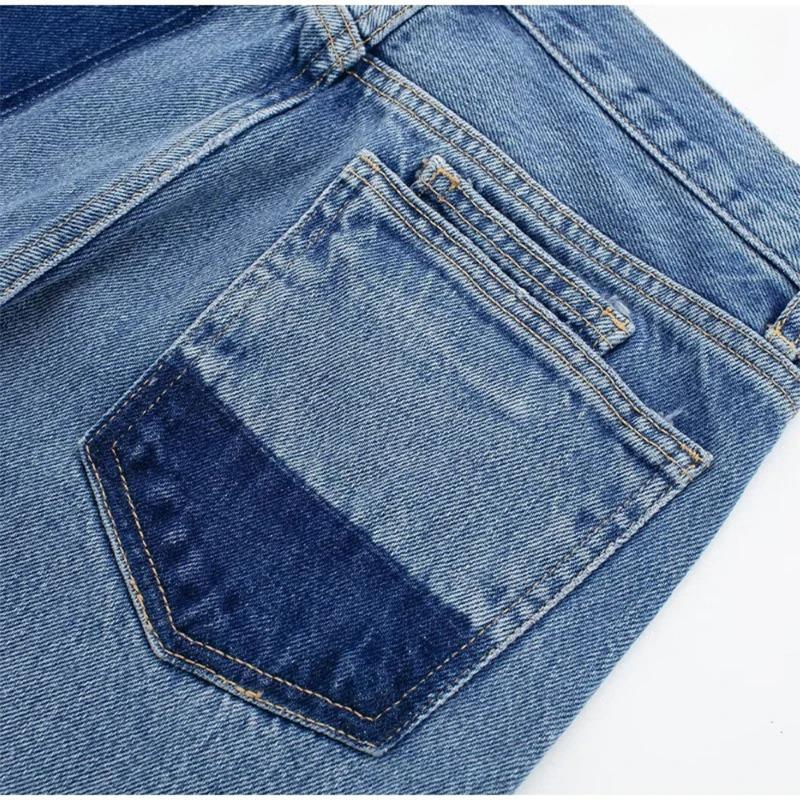 Women's Blue High Waist Jeans Fashion Clashing Color Splicing Wide Leg Flared Pants Loose Straight Trousers
