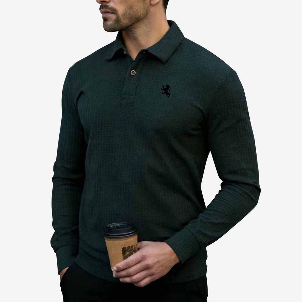 Polo Shirts for Men Lion Emblem Print Ribbed Long Sleeve
