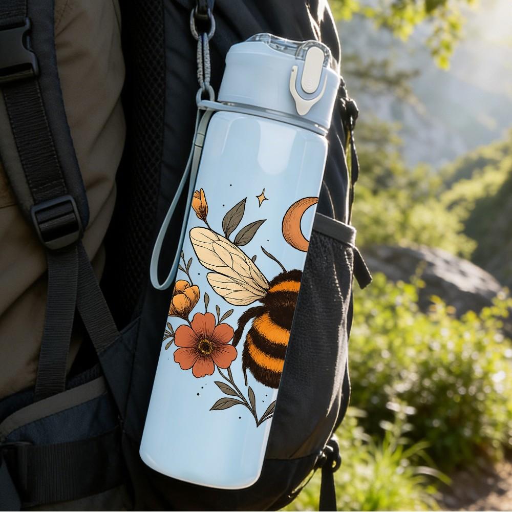 1PC Autumn Bee Floral Moon 750ml Color Plastic Sports Water Bottle Leakproof Flip Straw Lid Suitable for Sports Office Home Use