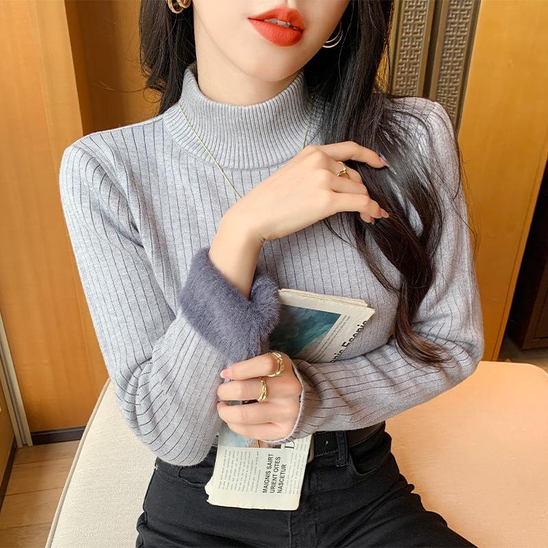 Pit Strip Semi-turtleneck Integrated Imitation Mink Velvet Bottoming Shirt Top Women's Autumn and Winter Slim-fitting Inner with Warm Knitted Sweater