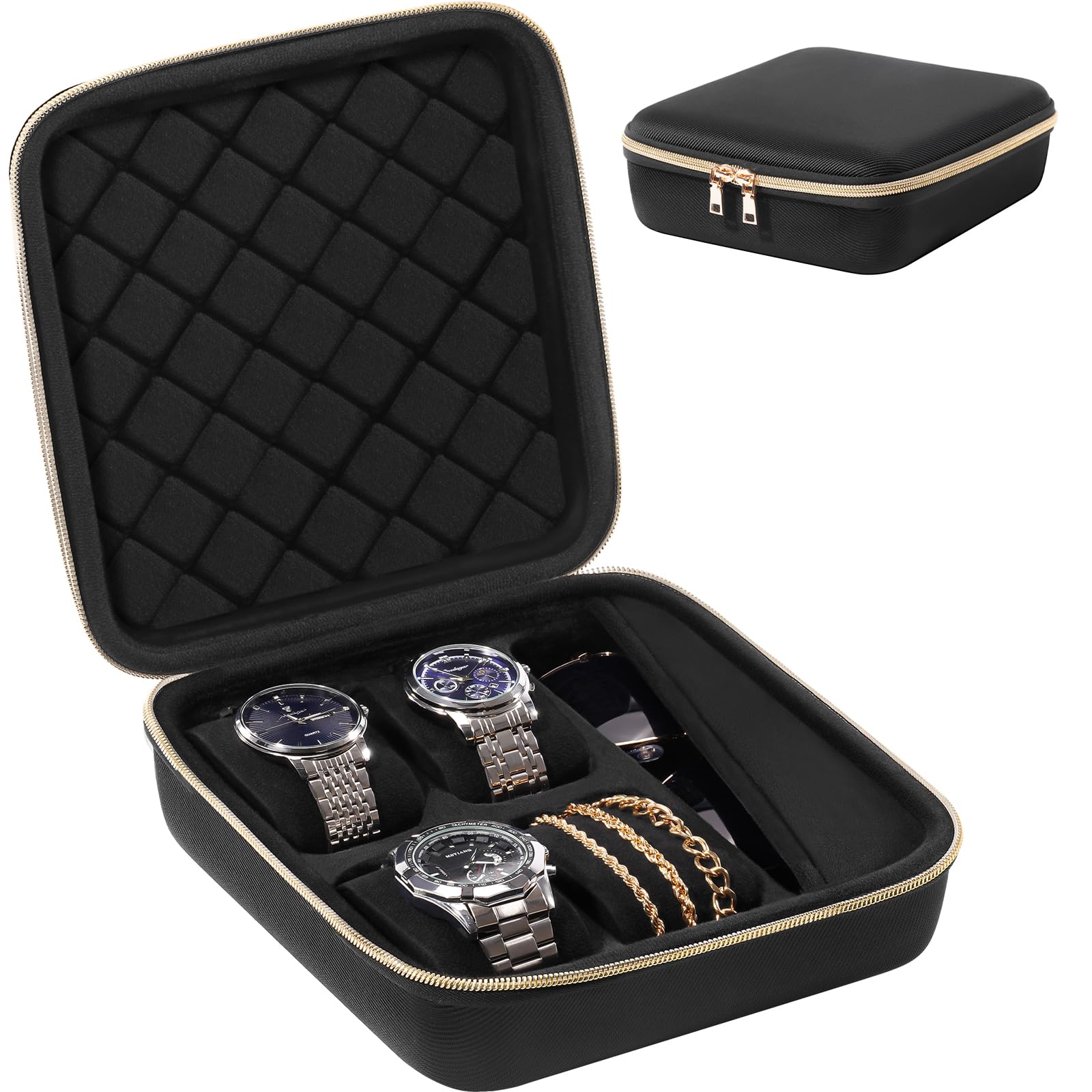 

ProCase Дорожный жесткий чехол для хранения часов для очков и сумка-органайзер на молнии для женщин и мужчин, 4 слота для аксессуаров, чёрный