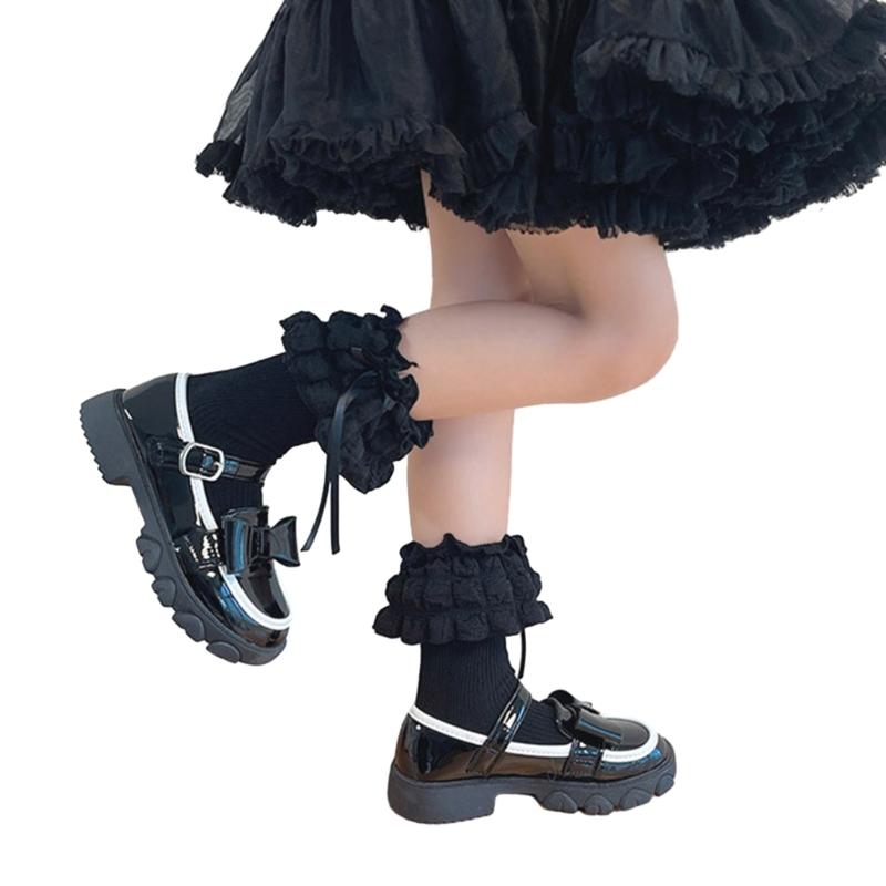 Breathable Cotton Hosiery Socks for Girls Toddler Stretchy Knee High Socks Puff Edge Lace Bows Socks for Autumn Spring