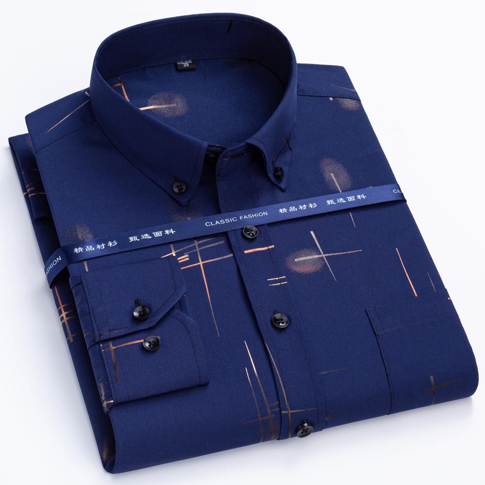Men's Business Casual Hot Stamping Striped Print Dress Shirt, Slightly Stretch Unique Buttoned Collar Long Sleeve Pocket Shirts