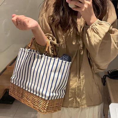 Korean Canvas & Rattan Straw Tote Bag - Woven Shopper Bag