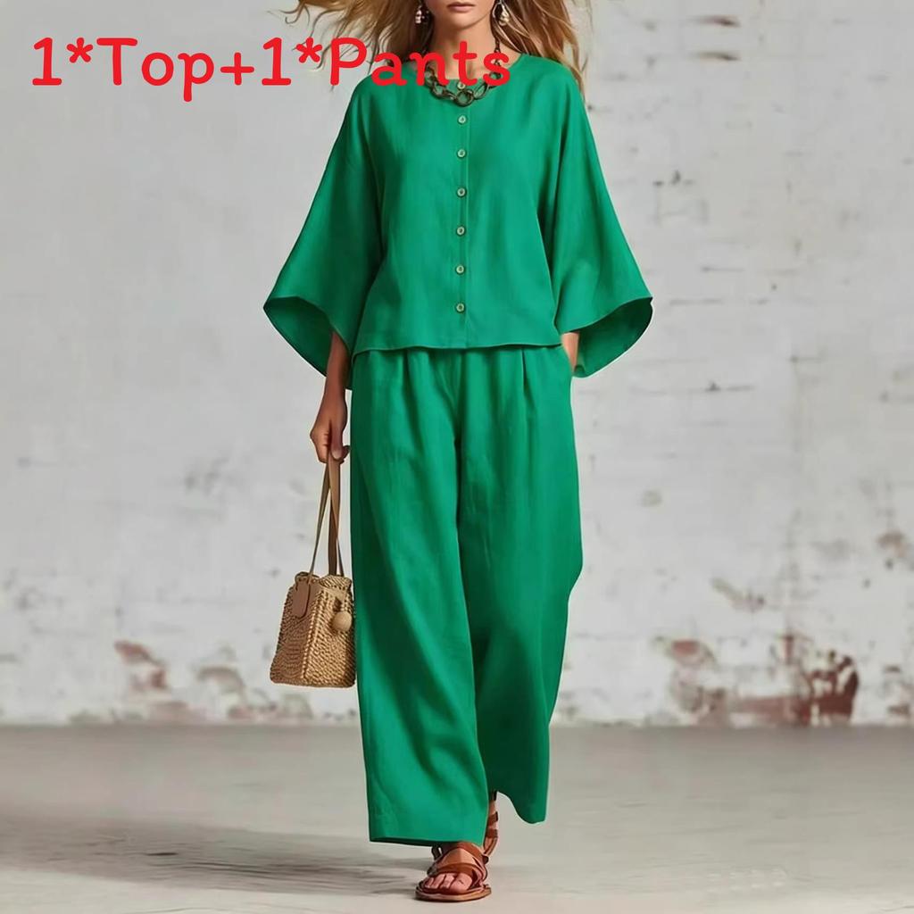 Womens Summer Linen Cotton Blended Top Wide Leg Pants Suit With Spliced Pattern For Casual Office Wear