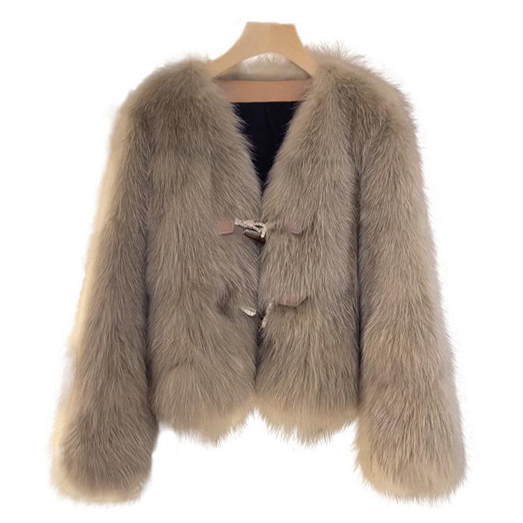 Popular Versatile Imitation Fox Fur Jacket Women'S Short Horn Buckle Haining V-Neck Fur Jacket