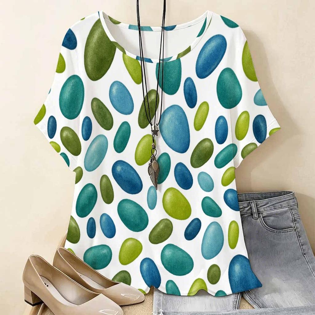 Women Plus Size Round Neck Batwing Short Sleeve Geometric Printed Loose White T Shirt