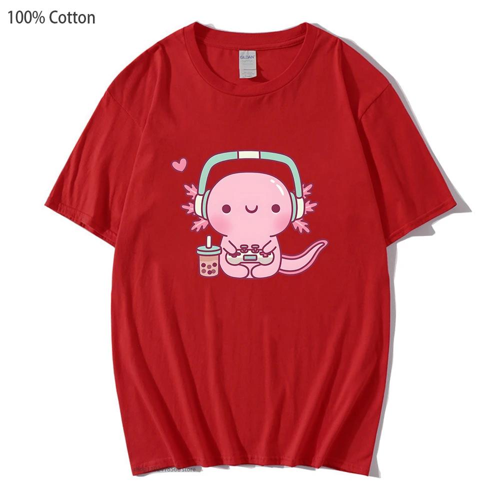 T-shirt mignon Axolotl jouant aux jeux vidéo Dessin animé Gamer Imprimé drôle T-shirt Vêtements pour femmes Vêtements pour hommes Y2k T-shirt en coton