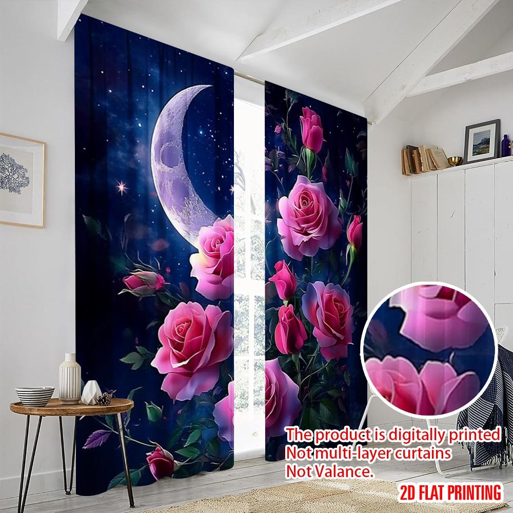 2pcs 2D flat printing Curtains Pink Roses and Crescent Fabric Without Electricity Birthday Party Use for New Year and Carnival