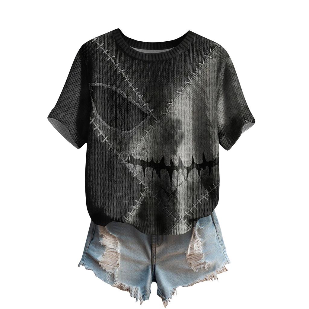 Women's Cute Sweater Knitted Fashion Casual Round-neck Short-sleeved  Cozy Print Top