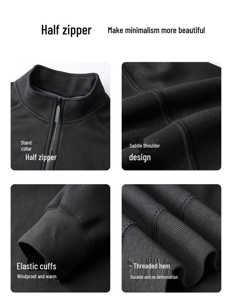 Men's 2025 Winter Black Fleece-Lined Half-Zip Stand Collar Sweatshirt