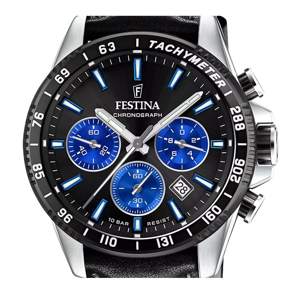 FESTINA Timeless Chronograph Leather Strap Black Dial Quartz F20561-6 100M Men's Watch
