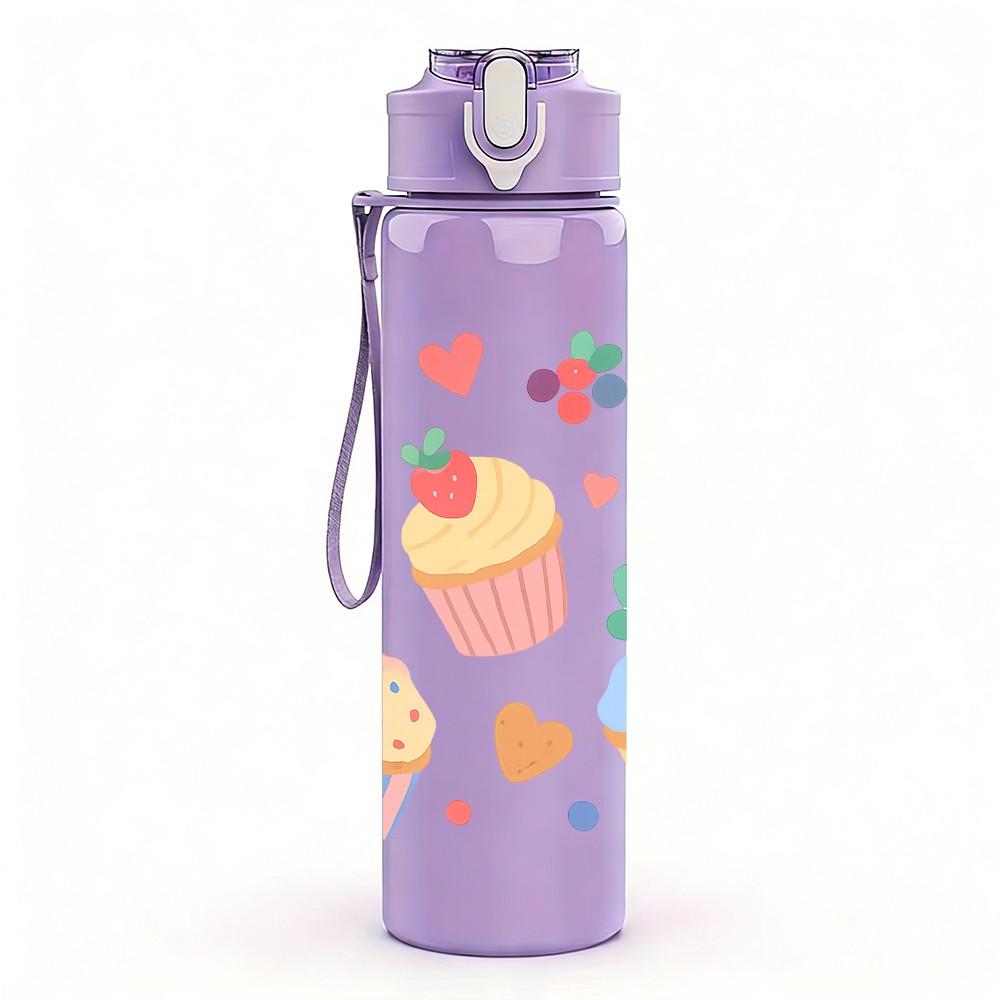 1PC Cupcake Birthday Cake Pattern 750ml Color Plastic Sports Water Bottle Leakproof Flip Straw Lid Suitable for Sports Office Home Use