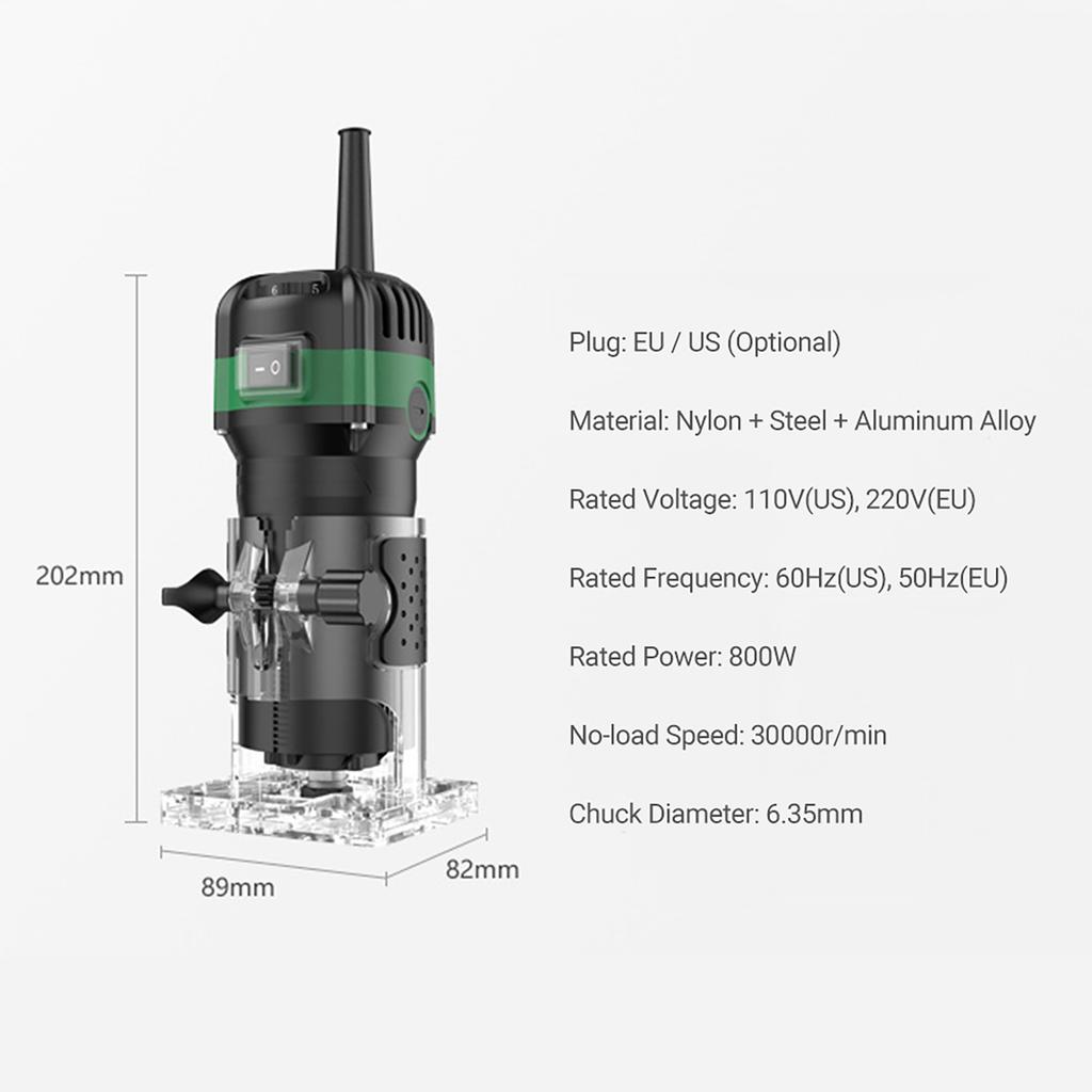 Wood Router Tool Electric Hand Trimmer Laminate Milling Engraving Hand Machine Joiner Cutting Palmming Tool 30000RPM 800W Slotting Carving 6.35mm Coll