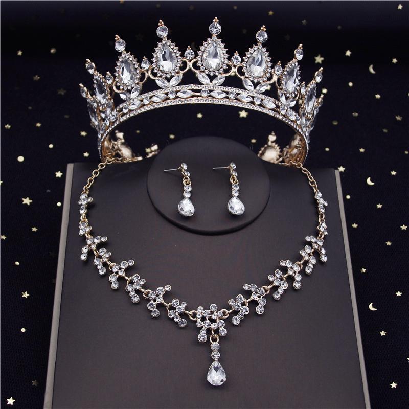 Quality Crystal Bridal Jewelry Sets for Women Fashion Circle Earrings Necklace Set Bride Crown Tiaras Prom dubai jewelry sets