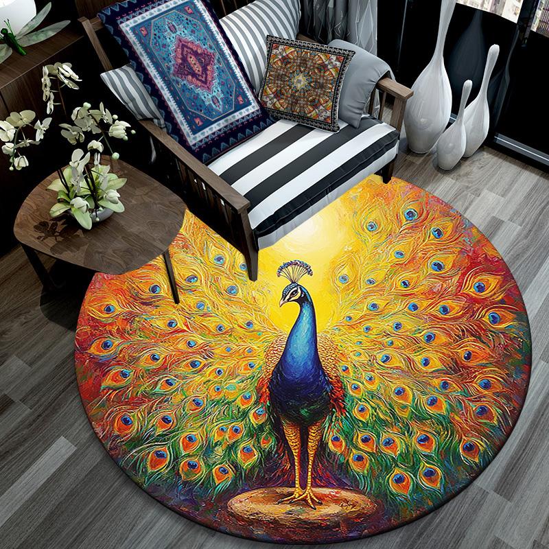 Peacock Round Area Rug,Carpet Rug for Living Room Bedroom Sofa Playroom Decor,Non-slip Floor Mat