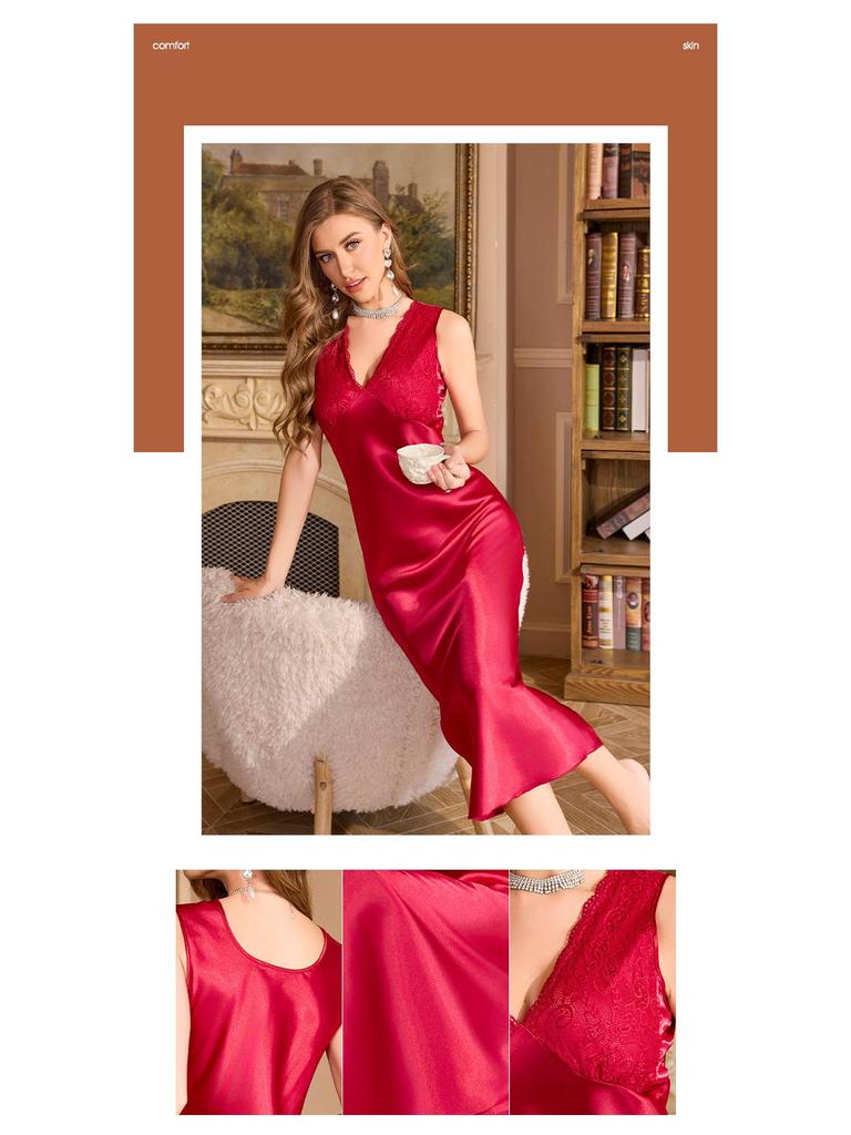 Yaoting Women's Summer Ice Silk Solid Color Spaghetti Strap Nightgown SQ22194