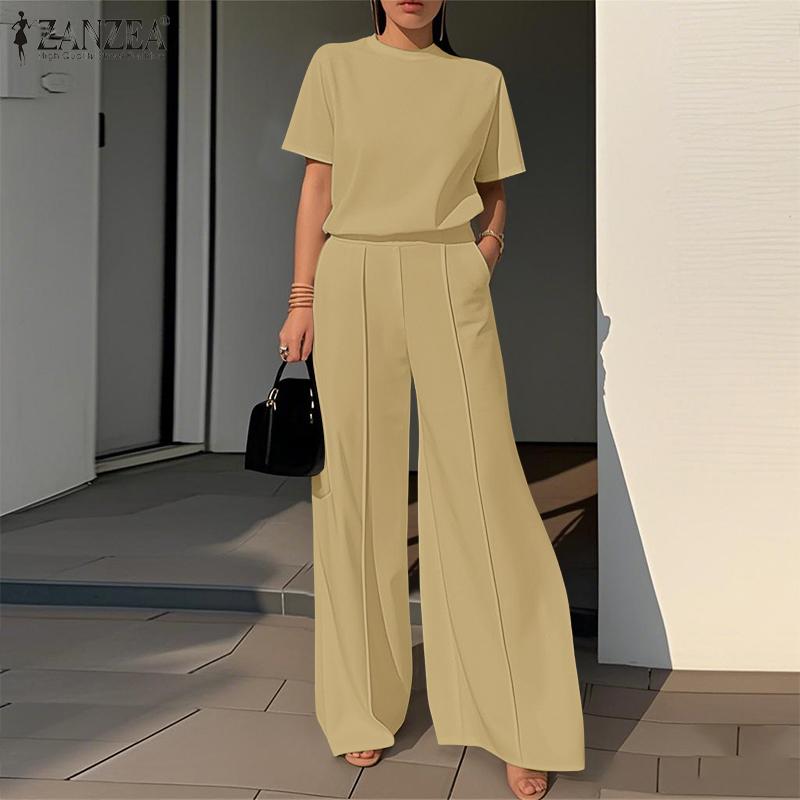 ZANZEA Women Short Sleeve Blouse and Wide Leg Pants Casual Two Piece Sets