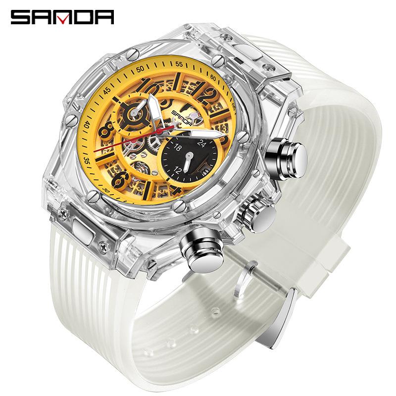 

SANDA Men Multifunction Watch Top Brand Luxury Silicone Strap Chronograph Waterproof Quartz Military Watch Men s Watch золотой/белый