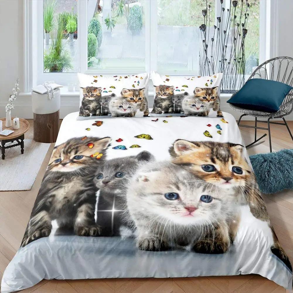 2026 Katzen Bettwäsche Set Haustier Katzen Muster Einzelbett Bettwäsche Set Niedliches Kätzchen Für Polyester Geheimnisvolle Schwarze Katze Kingsize Bettbezug