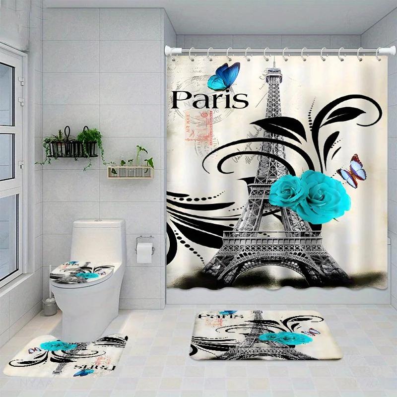 

Elegant Parisian Eiffel Tower Shower Curtain Set With 12 Hooks: Includes Toilet Seat Cover, Bathroom Mat, And Non-Slip Rug - Wat W60H190(CM)-1 Pcs