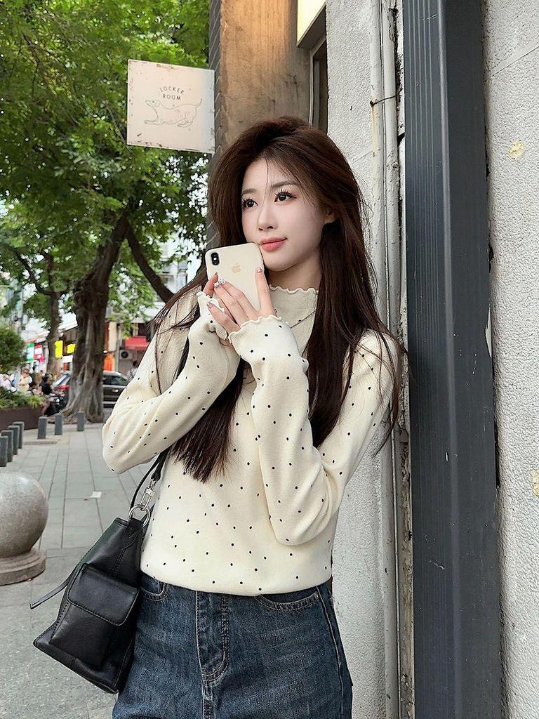 Women's Black Fungal Collar Polka Dot Base Shirt, Autumn/Winter Long-Sleeve Korean Style Top
