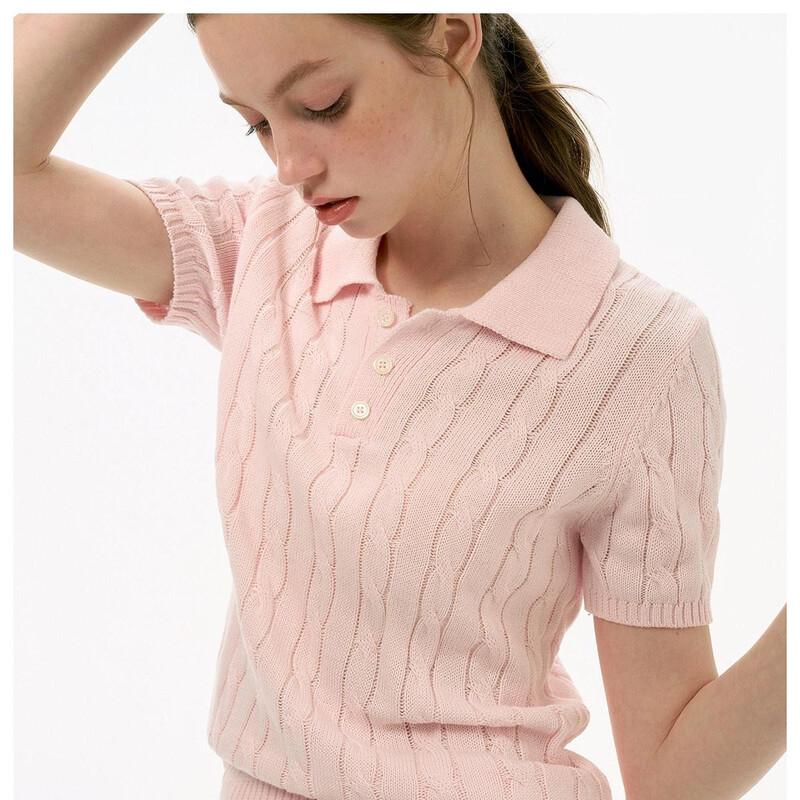 ICH MODE Women's Cable Knit Polo T-Shirt