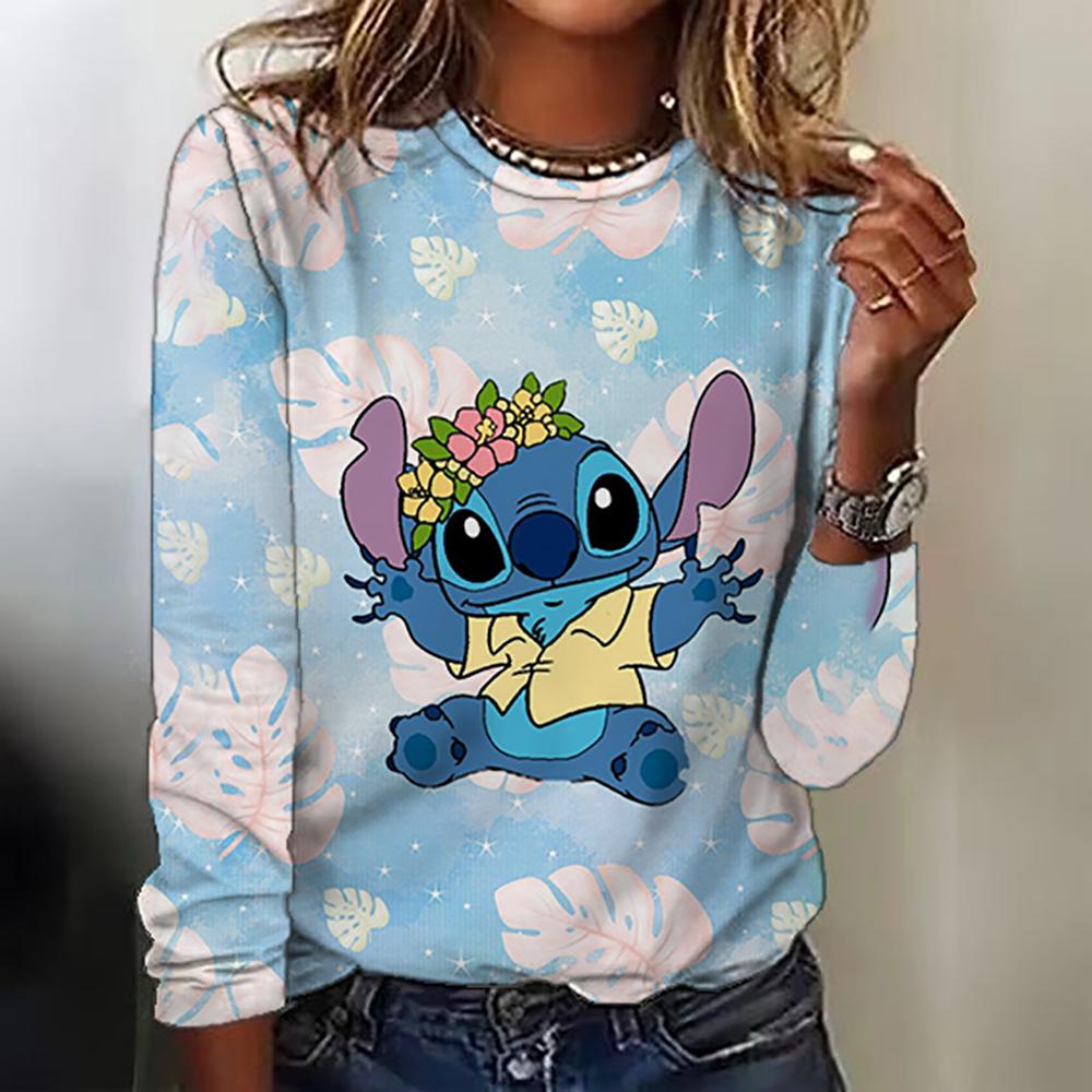 New women's round neck T-shirt long sleeved top Disney Christmas Stitch print fashionable and trendy women's T-shirt top for aut