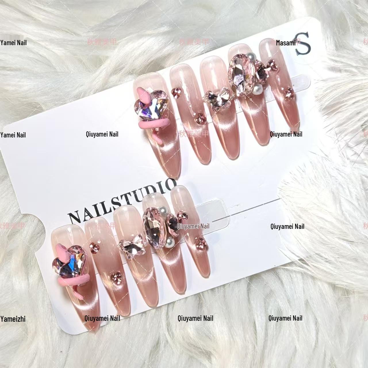

Handmade Cat Eye Style Pink Snake Heart Nails - Thin Dog Long Point Design Small S