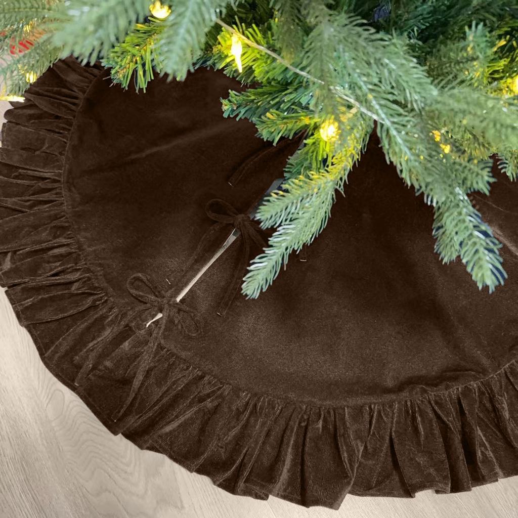 Velvet Christmas Tree Skirt with and Lace Trim, Holiday Party Home Decoration