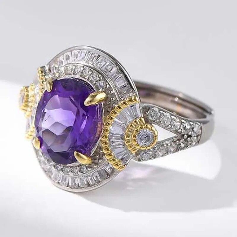 Sace Gems Inele de lux cu ametist natural, redimensionabile, din argint 925, pentru femei, cocktail de logodna, cadou de bijuterii fine