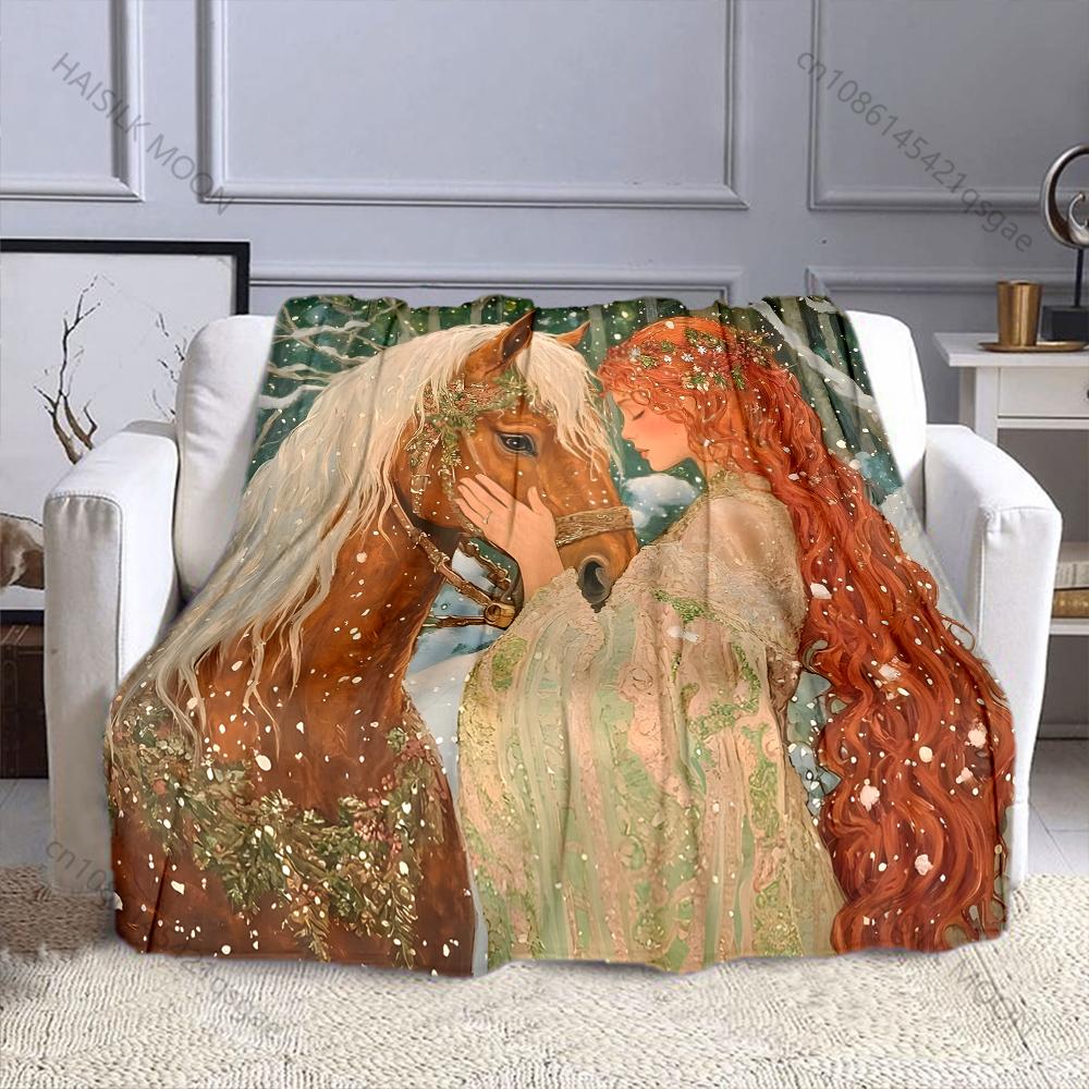 Horse and Woman Nature Scene Print Blanket Flannel Material Soft Warm for All Seasons Home Outdoor Camping Picnics Luxury Gifts
