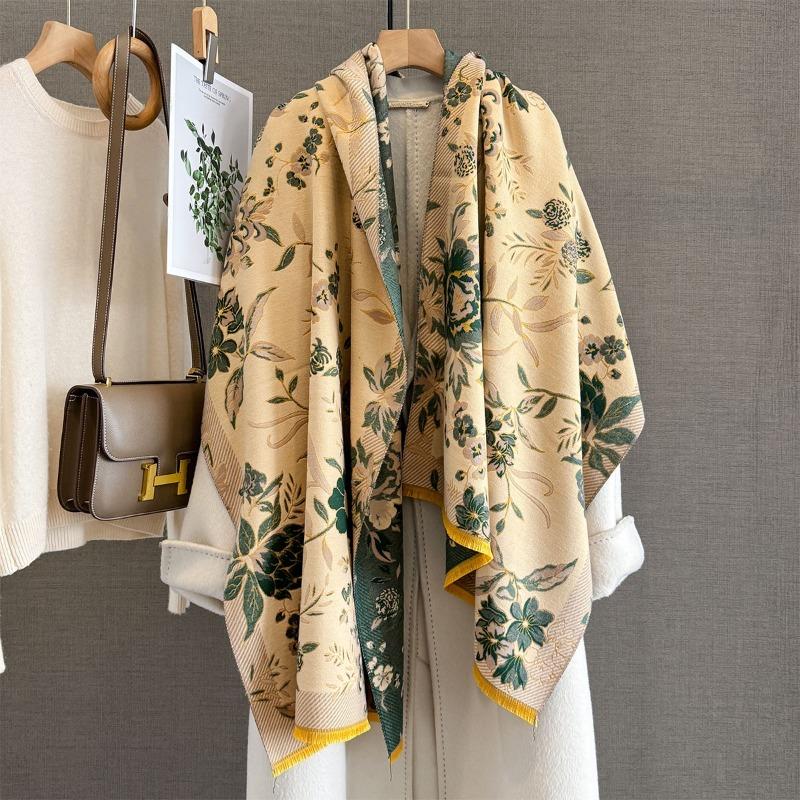 Autumn and Winter New Retro Flower Jacquard Scarf Women's Imitation Cashmere Temperament Warm Shawl with Neck Scarf
