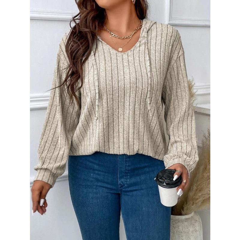 Damen Plus Size Unifarben Gerippt V-Ausschnitt Mit Kapuze Langarm Locker Lässig Strickoberteil