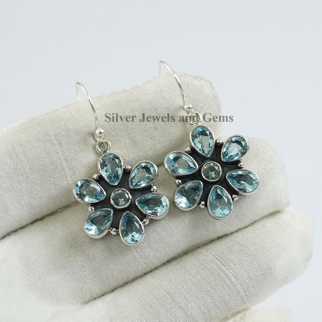 Blue Topaz Flower Earrings: Handmade Sterling Silver Dangle Earrings