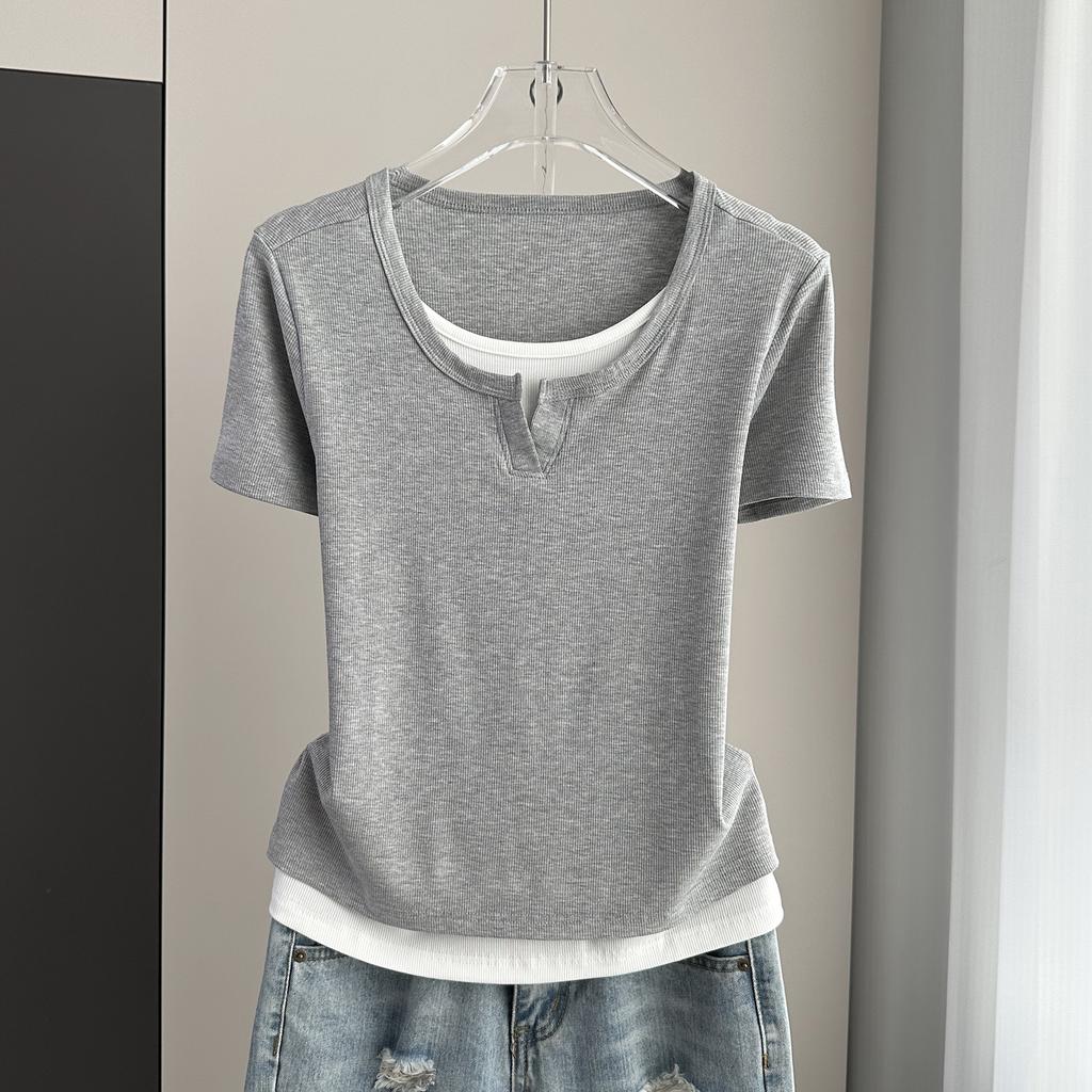 Plus Size Fake Two-Piece Color Block Short Sleeve T-Shirt Ribbed Slimming Top For Women Versatile Breathable Soft Material Flattering Slim Women Top