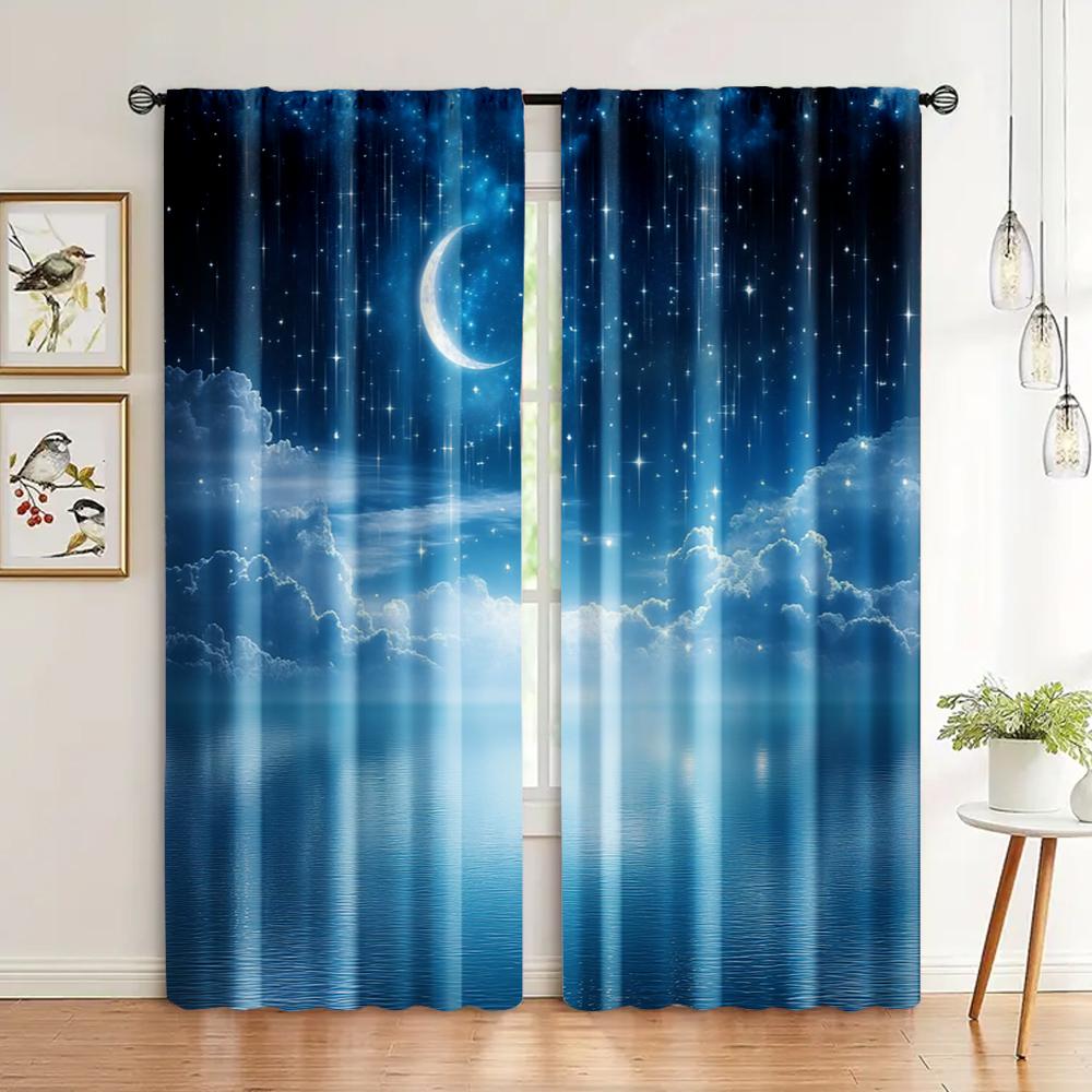 2pcs, Window Curtains Starry Night Sky Moon and Foggy Clouds Landscape Protecting Privacy Family Party Decoration Use for