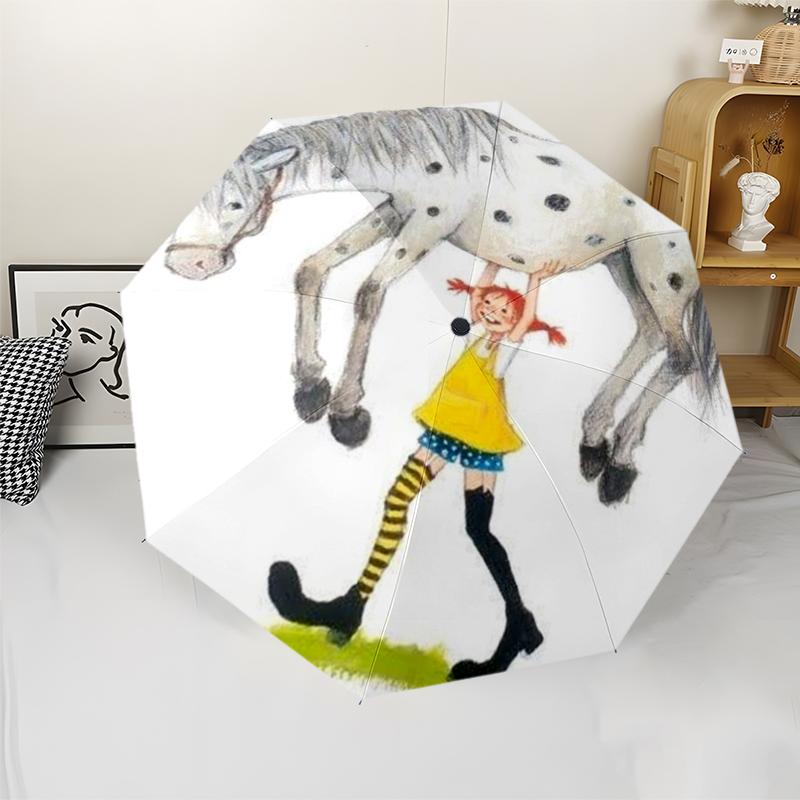 Pippi Longstocking Theme Automatic Umbrella, Lightweight & Portable, 8 Rib, Perfect for Outdoor Travel, Birthdays, Christmas, Gifts.